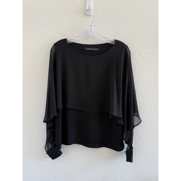 Zara Tops - Zara Woman Black Layered Chiffon Blouse Sheer Long Open Sleeve Smocked Cuff M